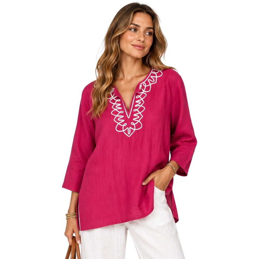Talbots Top Womens XL Pink 100% Linen Embroidered Tunic Beach‎ Coastal Lagenlook